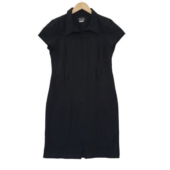 Vintage 90s Sweet Black Short Sleeve Collared  Dress Size 10 Front Zip Retro Mod - Picture 1 of 6